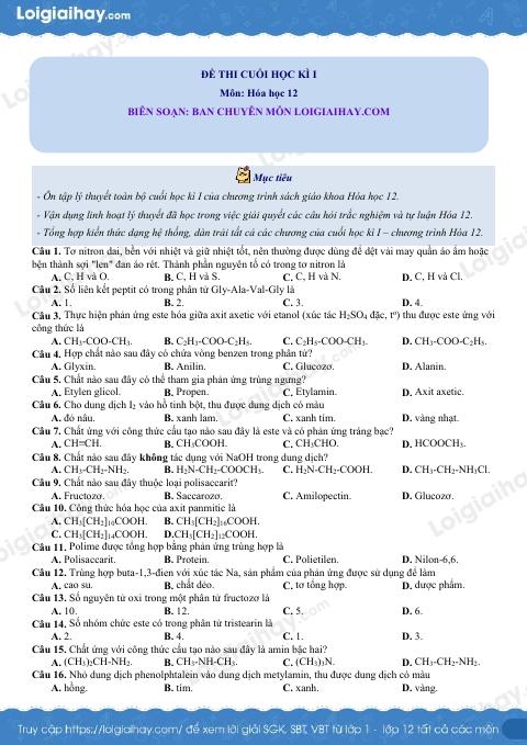 Đề thi học kì 1 Hóa 12 - Đề số 10
